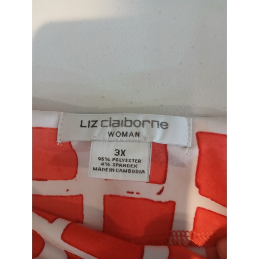 Liz Claiborne 3x Woman Dress Coral White Geometric Print 3/4 Sleeve Midi Stretch - Picture 9 of 12